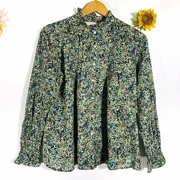 Loft Ruffle Abstract Button Up Cotton Blouse Size Small Women’s - Picture 1 of 11